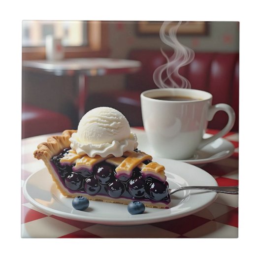 Blaubeerkuchen, Eiscreme und Kaffee Fliese (Vorderseite)