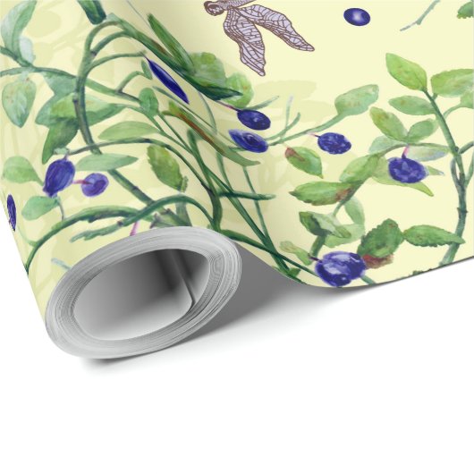 Blaubeermuster mit Libellen Geschenkpapier (Rolleneckpunkt)