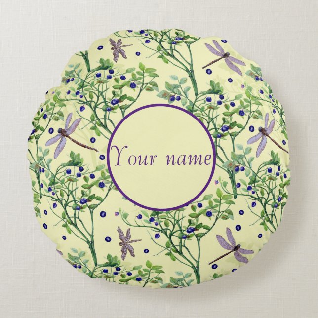 Blaubeermuster mit Libellen Rundes Kissen (Vorderseite)