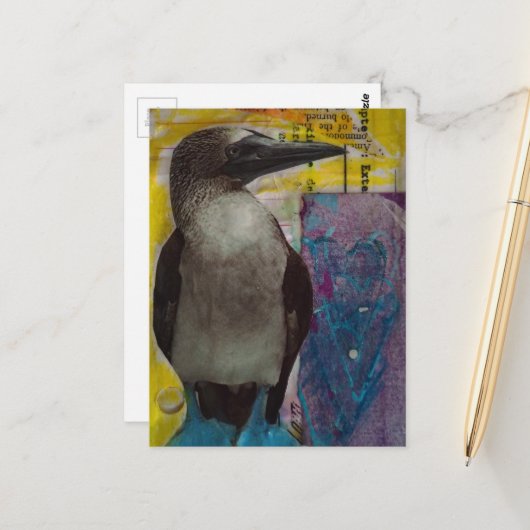 Blaubeiniger Vogel Mixed-Media-Collage Postkarte (Vorderseite/Rückseite Beispiel)