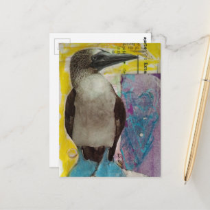 Blaubeiniger Vogel Mixed-Media-Collage Postkarte
