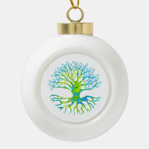 Blaublaue und grüne groovy Retrobaum mit Wurzeln D Keramik Kugel-Ornament
