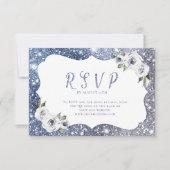 Blaublauer Glitzer Blütenhochzeit QR-Code RSVP Karte (Vorderseite)