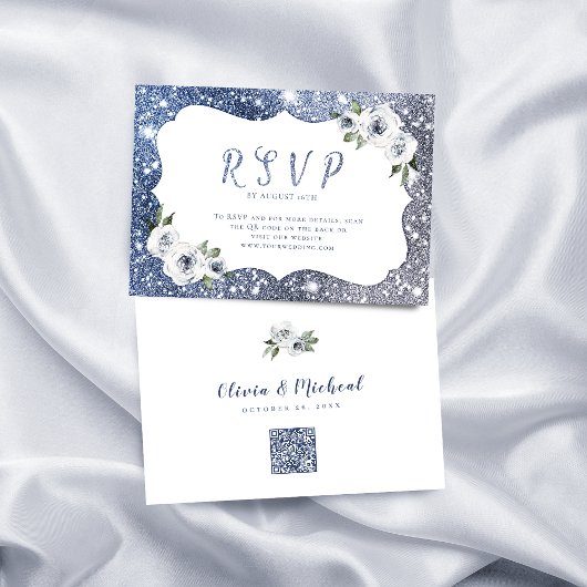 Blaublauer Glitzer Blütenhochzeit QR-Code RSVP Karte