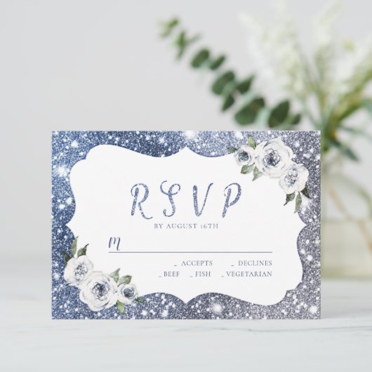 Blaublauer Glitzer Blütenhochzeit RSVP (Stehend Vorderseite)