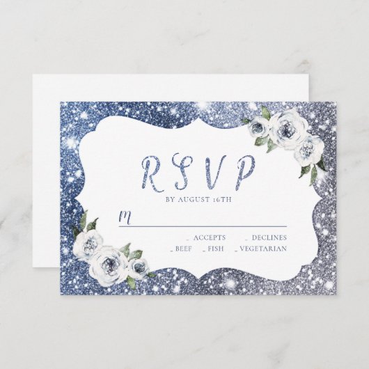 Blaublauer Glitzer Blütenhochzeit RSVP (Vorne/Hinten)