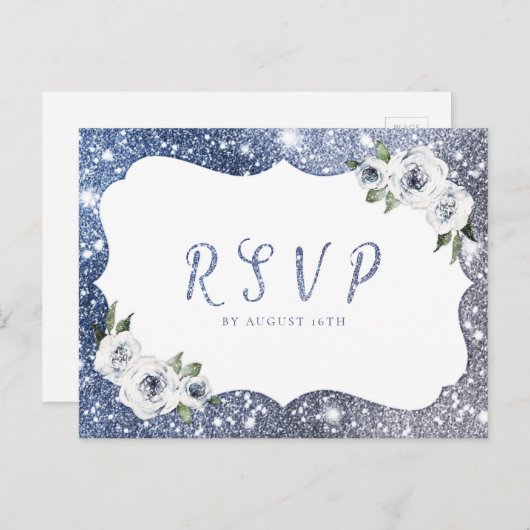 Blaublauer Glitzer Blütenhochzeit RSVP Einladungspostkarte (Vorne/Hinten)