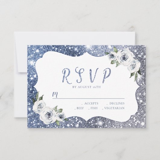 Blaublauer Glitzer Blütenhochzeit RSVP Karte (Vorderseite)