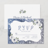 Blaublauer Glitzer Blütenhochzeit RSVP Karte (Vorne/Hinten)