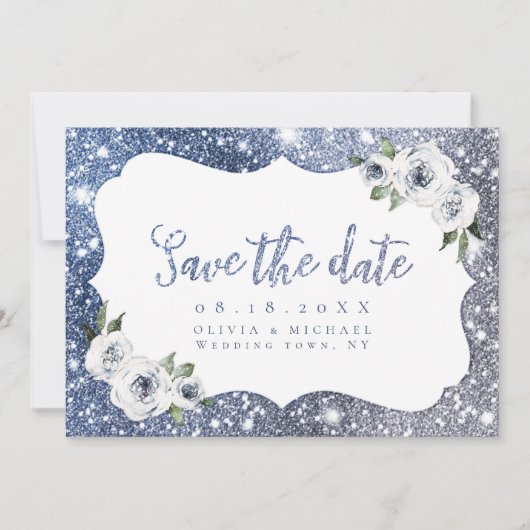 Blaublauer Glitzer Save the Date (Vorderseite)