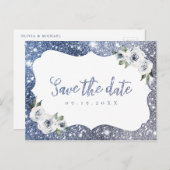 Blaublauer Glitzer Save the Date Ankündigungspostkarte (Vorne/Hinten)