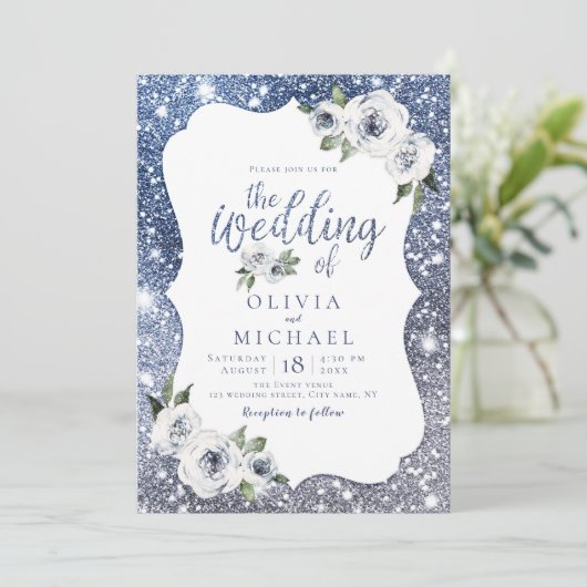 Blaublauer Glitzer und Blumen Einladung (Stehend Vorderseite)
