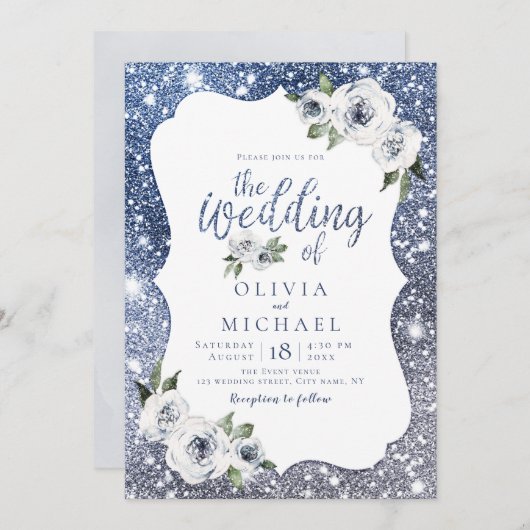 Blaublauer Glitzer und Blumen Einladung (Vorne/Hinten)