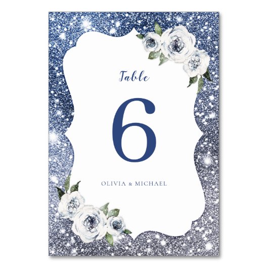 Blaublauer Glitzer und blumenreiche Hochzeit Tischnummer (Rückseite)