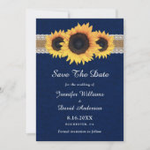 Blaublauer Sonnenblume Rustic Burlap Lace Wedding Save The Date (Vorderseite)
