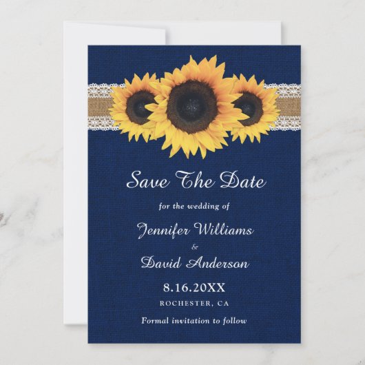 Blaublauer Sonnenblume Rustic Burlap Lace Wedding Save The Date (Vorderseite)