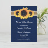 Blaublauer Sonnenblume Rustic Burlap Lace Wedding Save The Date (Stehend Vorderseite)