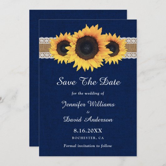 Blaublauer Sonnenblume Rustic Burlap Lace Wedding Save The Date (Vorne/Hinten)