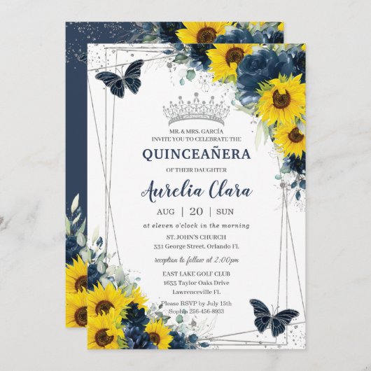 Blaublauer Sonnenblumenschmetterling Quinceañera Einladung (Vorne/Hinten)