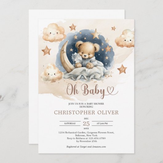 Blaublauer Teddybär Einladung (Vorne/Hinten)