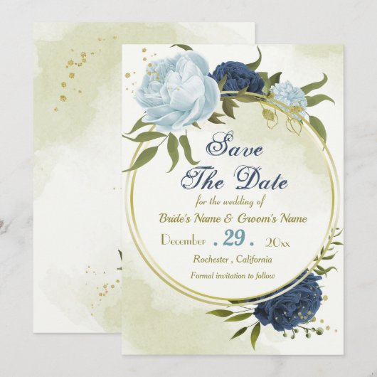 blaubläuliche Marineblumen, grüne Blätter Save The Date (Vorne/Hinten)