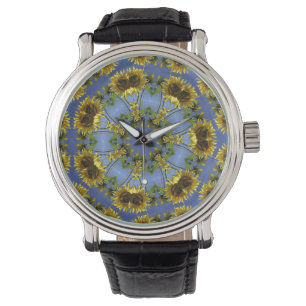 Blaublume Kaleidoskop Vintag Lederband Armbanduhr