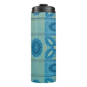 Blaublumen Gelbe Streifen Vintage Kunst Muster Thermosbecher