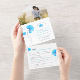 Blaublumen, graues, wirbelfarbenes Foto All In One Einladung