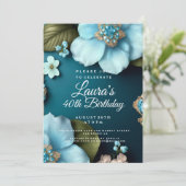 Blaublumen Grüne Blätter Gold Glitzer Geburtstag Einladung (Stehend Vorderseite)