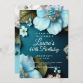 Blaublumen Grüne Blätter Gold Glitzer Geburtstag Einladung (Vorne/Hinten)