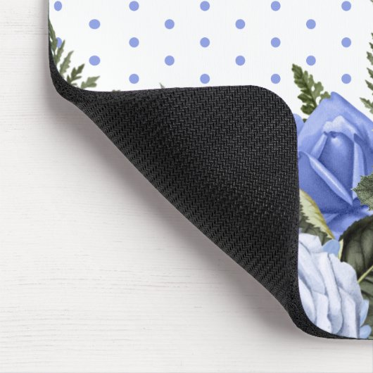 Blaublumen Grüne Blätter Monogram White Polka Dot Mousepad (Ecke)