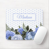 Blaublumen Grüne Blätter Monogram White Polka Dot Mousepad (Mit Mouse)
