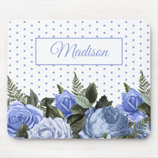 Blaublumen Grüne Blätter Monogram White Polka Dot Mousepad (Vorne)