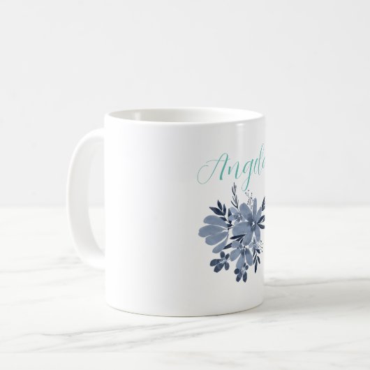 Blaublumen mit personalisierter Tasse von Textname (Vorderseite Links)