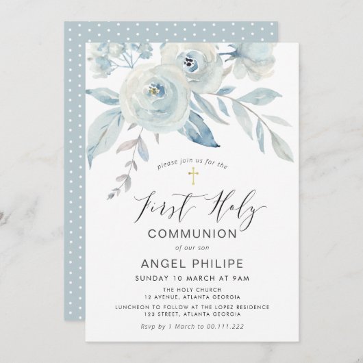 Blaublumen-Schrift zuerst heilige Gemeinschaft Einladung (Vorne/Hinten)