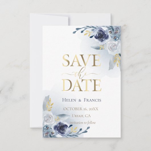 Blaublumen und Imitate Golddetails | SAVE THE DATE Einladung (Vorderseite)