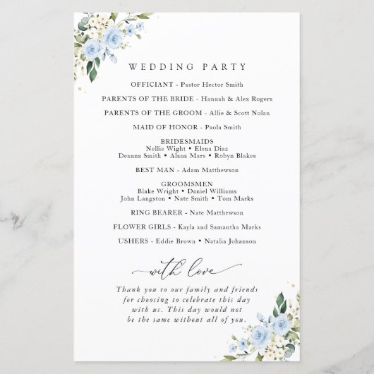 Blaublumen, weiße Blume, Boho, Hochzeitsprogramm (Rückseite)