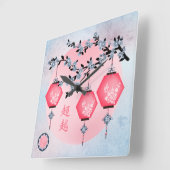 Blaublütenlaternen "Aufsteigen" asiatisches Design Quadratische Wanduhr (Winkel)