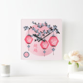 Blaublütenlaternen "Aufsteigen" asiatisches Design Quadratische Wanduhr (Zuhause)