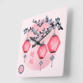 Blaublütenlaternen "Aufsteigen" asiatisches Design Quadratische Wanduhr (Winkel)