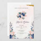 Blaubraun, einfache Blumenrahmen und Aquarellfarbe Einladung (Vorne/Hinten)