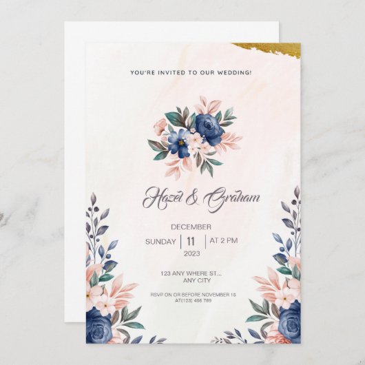 Blaubraun, einfache Blumenrahmen und Aquarellfarbe Einladung (Vorne/Hinten)