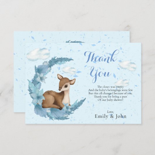 Blaubraune Bambi-Wolken Halbmondstaub Dankeskarte (Vorne/Hinten)