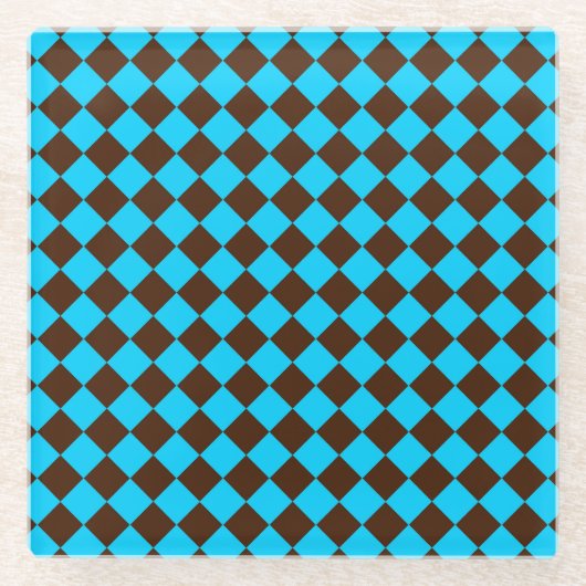 Blaubraune Diamant-Schachbrett-Muster Glasuntersetzer (Vorderseite)