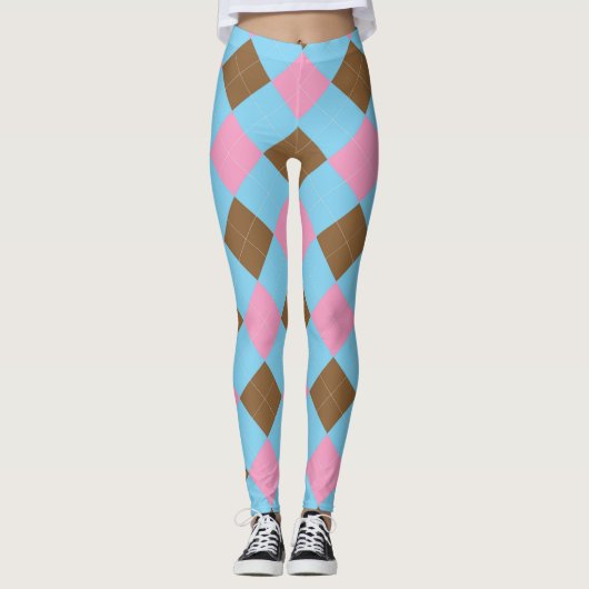 Blaubraune und rosa Raute Leggings (Vorderseite)