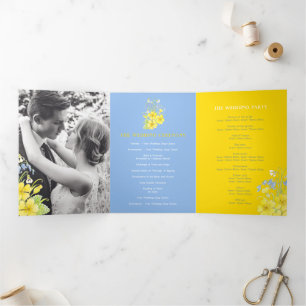 Blaubrunnenblume Grunzen Gelbe blaue Hochzeit Dreifach-gefaltete Programmkarte