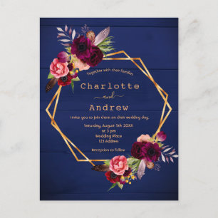 Blauburgund-Blumen-Hochzeitseinladung Postkarte