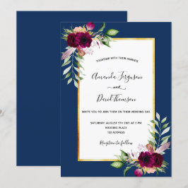 Blauburgund-Blüten-Goldbrunnen-Hochzeit Einladung
