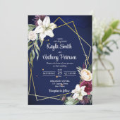 Blauburgund-Rose-Hochzeit mit weißer Lilie laden e Einladung (Stehend Vorderseite)