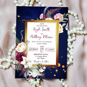 Blauburgund-Rose-Hochzeit mit weißer Lilie laden e Einladung